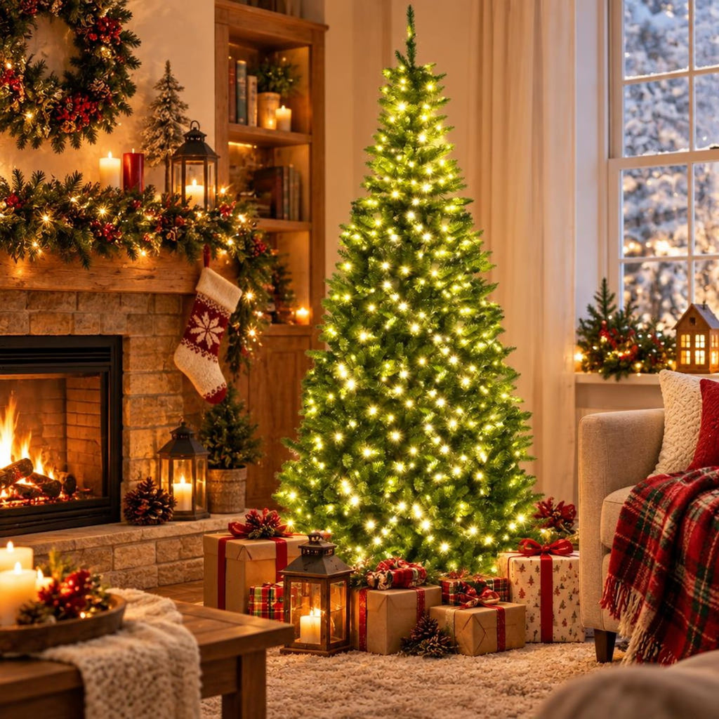 Airfind 8 FT Corner Artificial Christmas Tree with 1137 Branch Tips and 360 Warm White LED Lights, White