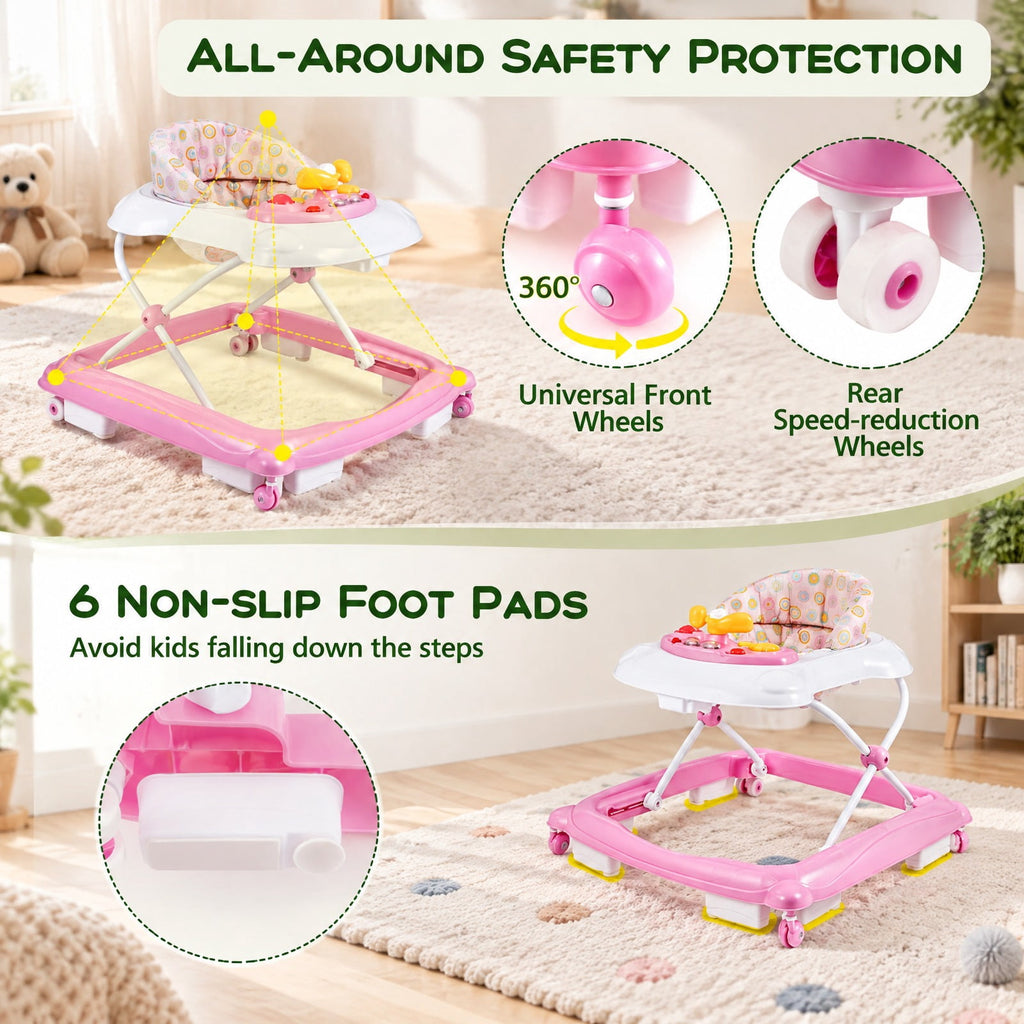 Airfind Foldable Baby Walker with 3 Adjustable Heights and Padded Seat, 26.5 lbs Capacity, PP Frame, for 7-14 months, Pink