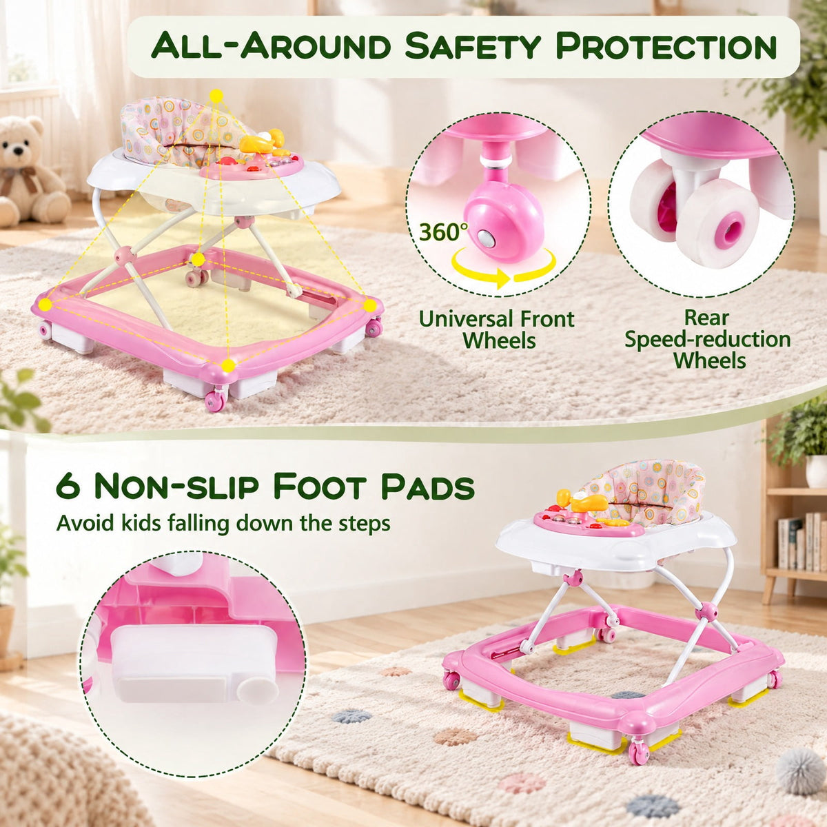 Airfind Foldable Baby Walker with 3 Adjustable Heights and Padded Seat, 26.5 lbs Capacity, PP Frame, for 7-14 months, Pink