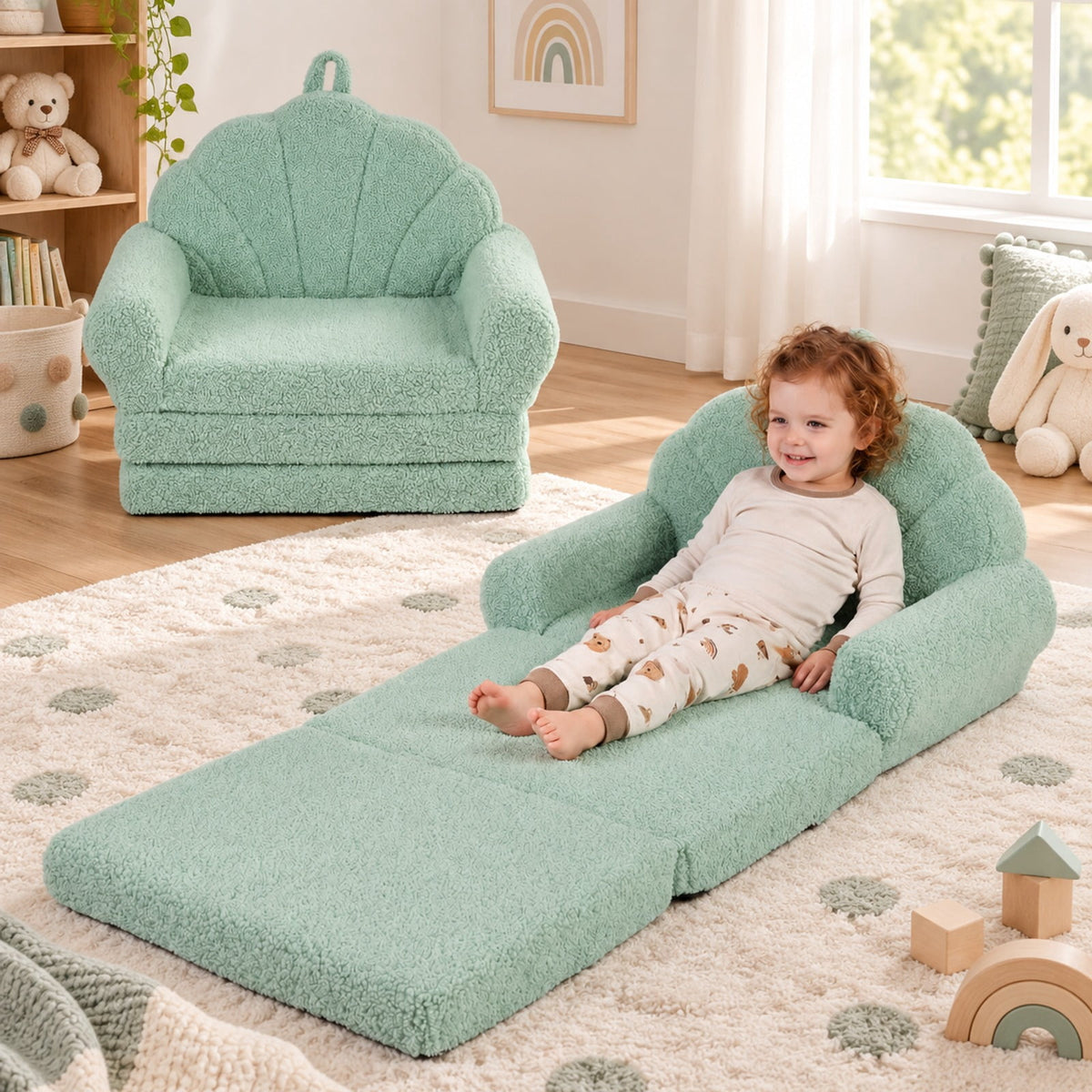 Airfind Convertible Kids Sofa 2, in, 1 Fold out Toddler Couch Chair, Green, Can be used as a sofa chair or a flat lounge bed, No assembly needed
