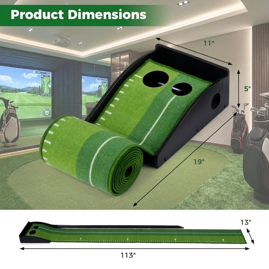 Airfind 9.4 ft Putting Green Mat with Side Auto-Return Track, 2 Hole Sizes and 3 Balls, Green