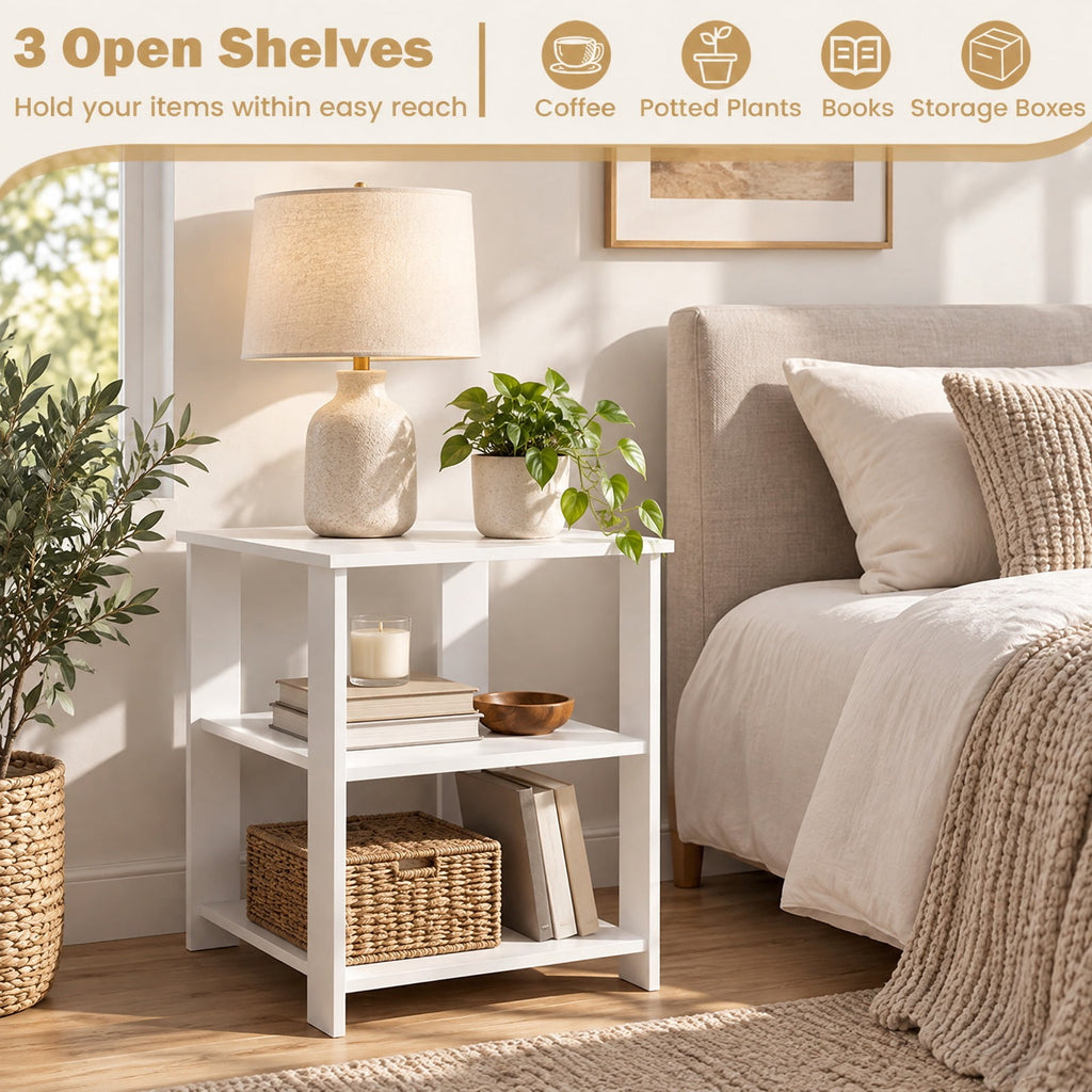 Airfind 3-Tier Modern Nightstand Square Side Table with Open Storage Shelves Set of 2, 66 lbs Capacity, Engineered Wood Frame, White