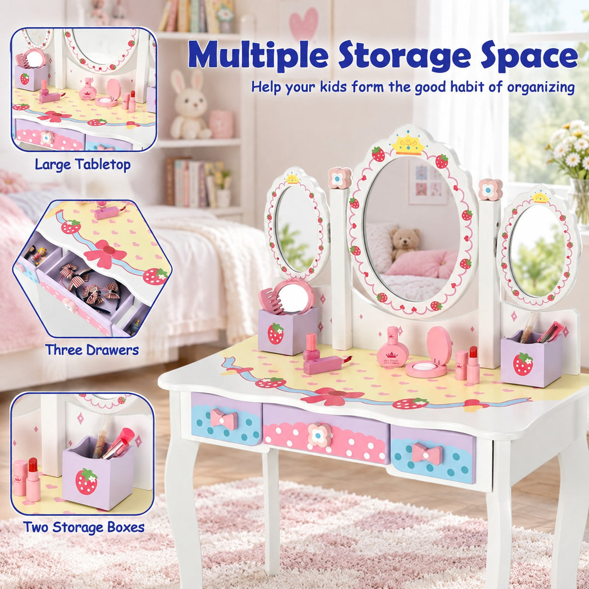 Airfind Kids Vanity Princess Makeup Dressing Table Chair Set with Tri-fold Mirror, 44 lbs Capacity, MDF Frame, White