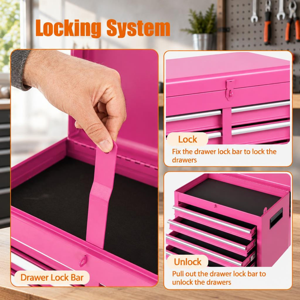 Airfind 2-in-1 Rolling Tool Chest with 5 Sliding Lockable Drawers, 220.5 lbs Capacity, Steel rubber-plastic synthetic Frame, Pink Main