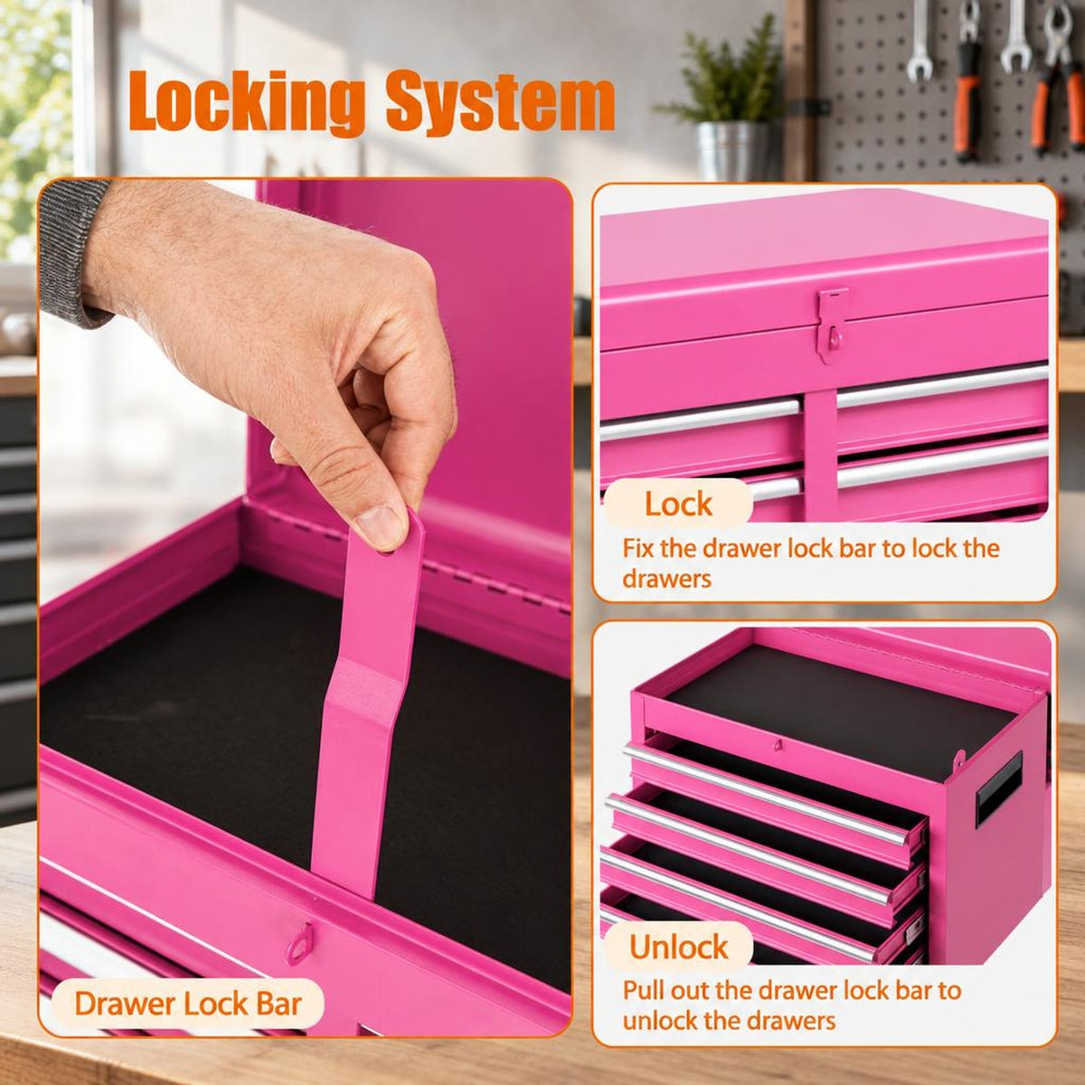 Airfind 2-in-1 Rolling Tool Chest with 5 Sliding Lockable Drawers, 220.5 lbs Capacity, Steel rubber-plastic synthetic Frame, Pink Main