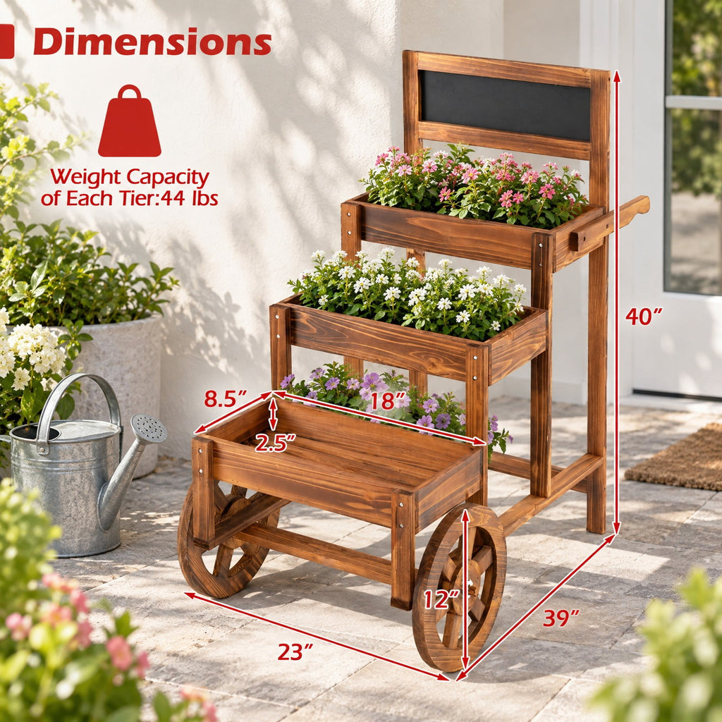 Airfind 3-Tier Carbonized Fir Wood Plant Display Stand Wooden Dessert Candy Cart, 44 lbs Capacity, 23 Inch x 39 Inch x 40 Inch Footprint, Brown