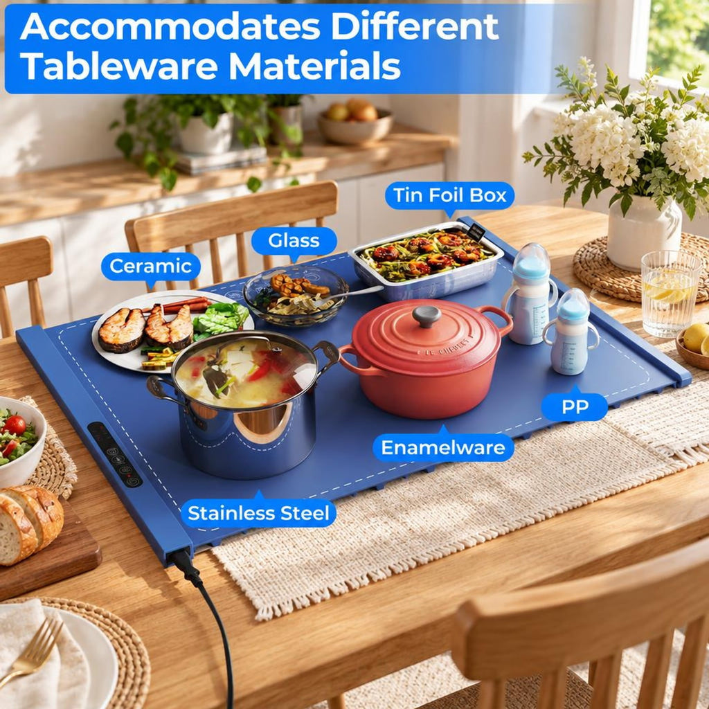 Airfind Food Warming Mat Rollable and Portable Electric Warming Tray with Fasting Heating, Silicone ABS Unfolding Frame, Blue
