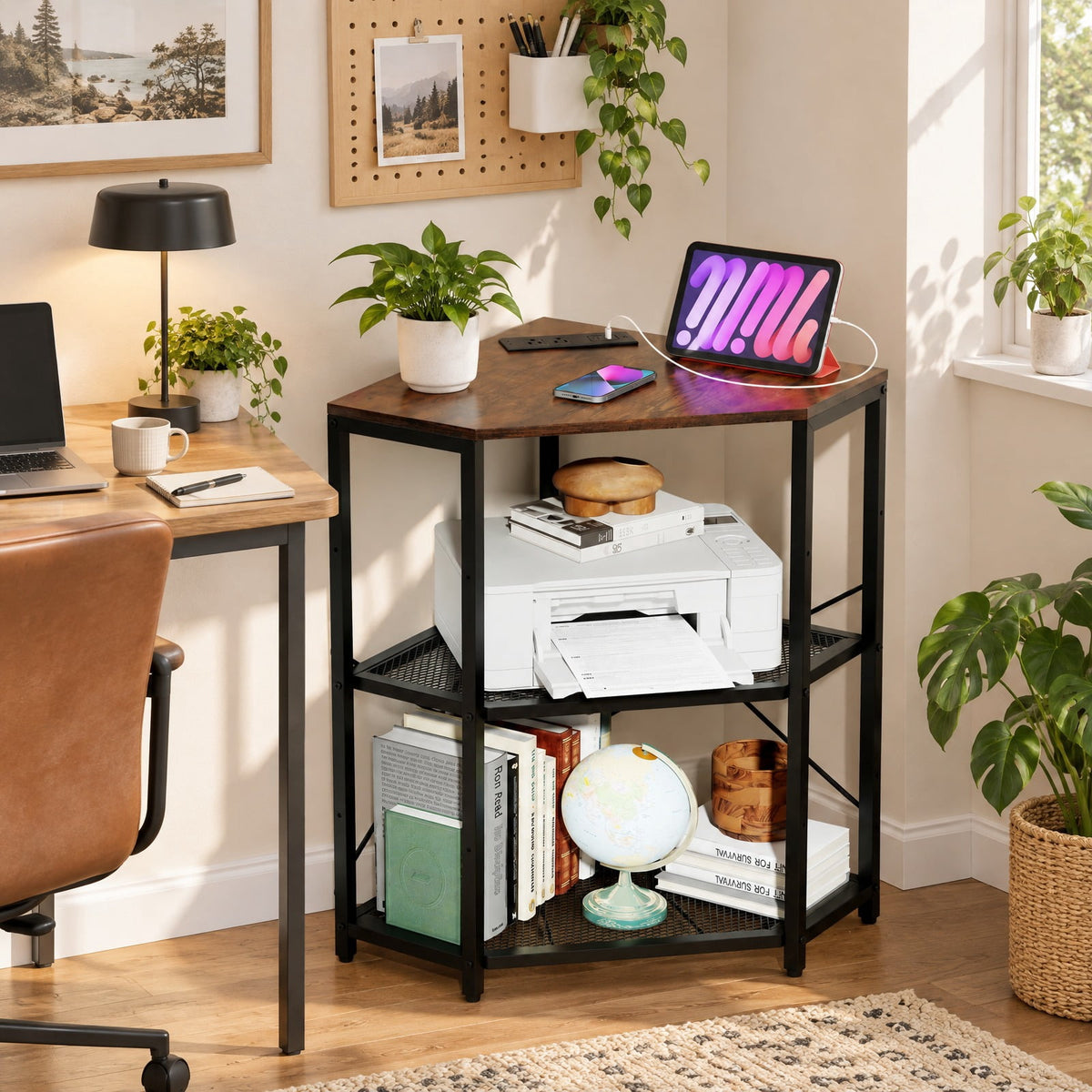 Airfind Corner Printer Stand with Power Outlet 3-Tier Storage Rack with Adjustable Shelf, 70 lbs Capacity, Engineered Wood Metal Frame, Brown