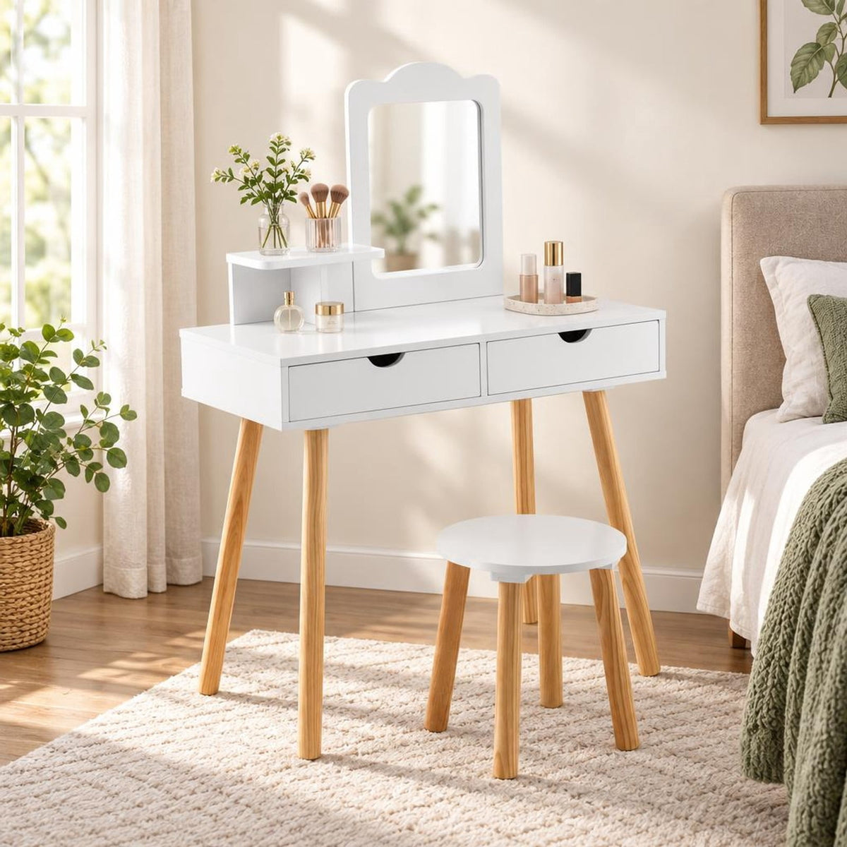 Airfind Kid Vanity Table Chair Set with Mirror and 2 Large Storage Drawers, 44 lbs Capacity, Pine wood MDF Frame, 28in x 13in x 39in Footprint, White