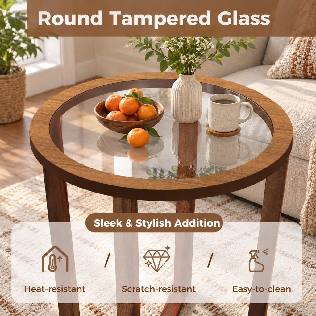 Airfind Modern Round End Table Sofa Side Table with Transparent Tempered Glass Top, 90 lbs Capacity, Tempered Glass Acacia Wood MDF Plywood Frame