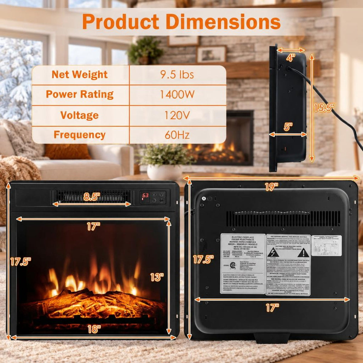 Airfind 18 Inch Electric Fireplace Inserted with Adjustable LED Flame, Iron glass Frame, 3-level adjustable 3D realistic flame effects