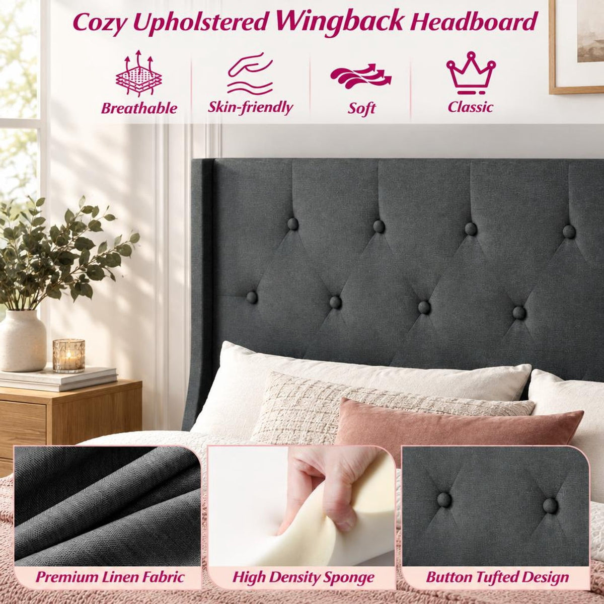 Airfind Queen Size Upholstered Bed Frame with Button Tufted Wingback Headboard and Wooden Slats Support Mattress Foundation, 800 lbs Capacity, Gray