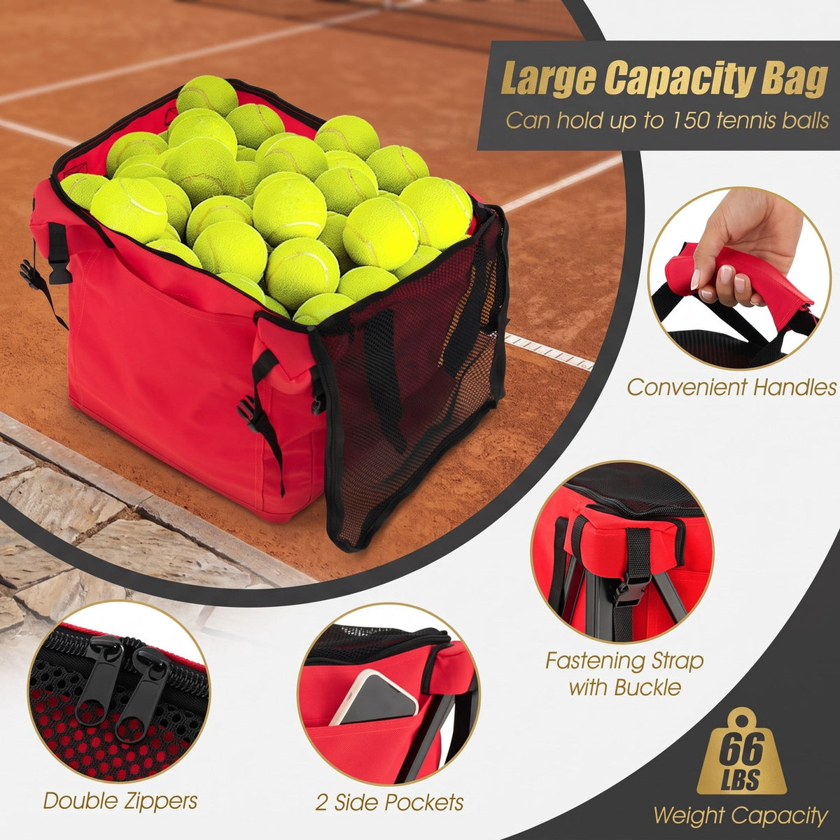 Airfind Foldable Tennis Ball Cart with Wheels and Removable Bag, Lightweight Aluminum Teaching Hopper Holds 150 Balls for Tennis Pickleball Badminton, Red