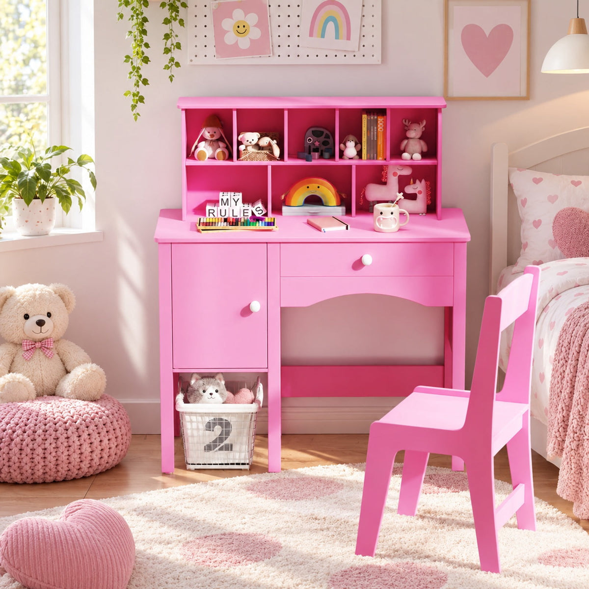 Airfind Kids Study Desk and Chair Set with Chair Hutch and Storage Cabinet for 3+ Years Old, 110 lbs Capacity, MDF Frame, Pink