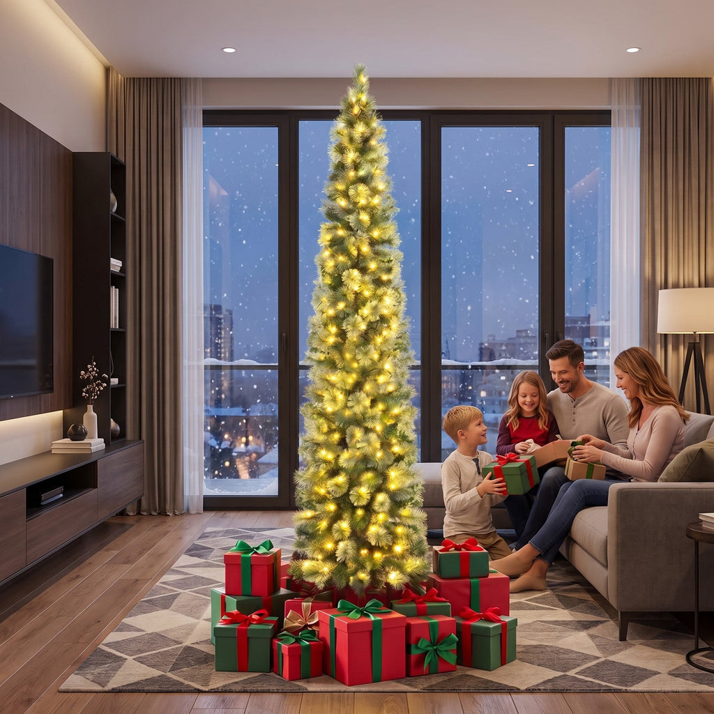 Airfind 6/7/8 FT Pre-Lit Pencil Artificial Christmas Tree with 120/150/200 LED Warm White Lights and 8 Modes, White