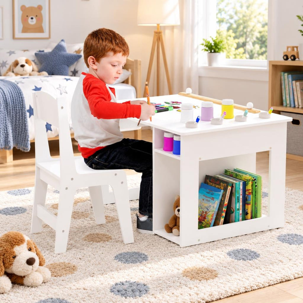 Airfind Kids Art Table and Chair Set Toddler Craft Drawing Desk, 110 lbs Capacity, MDF Pine Wood Frame, 31.5 x 23.5 x 19.5 Footprint, White
