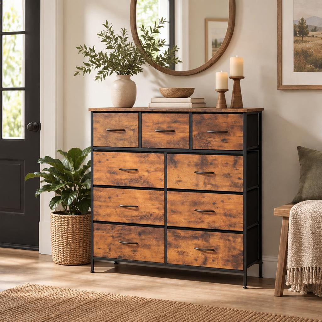Airfind 9-Drawer Fabric Dresser with Wooden Top for Bedroom, 135 lbs Capacity, Metal MDF Non-Woven Fabric Frame, 39.5 x 12 x 39.5 Footprint