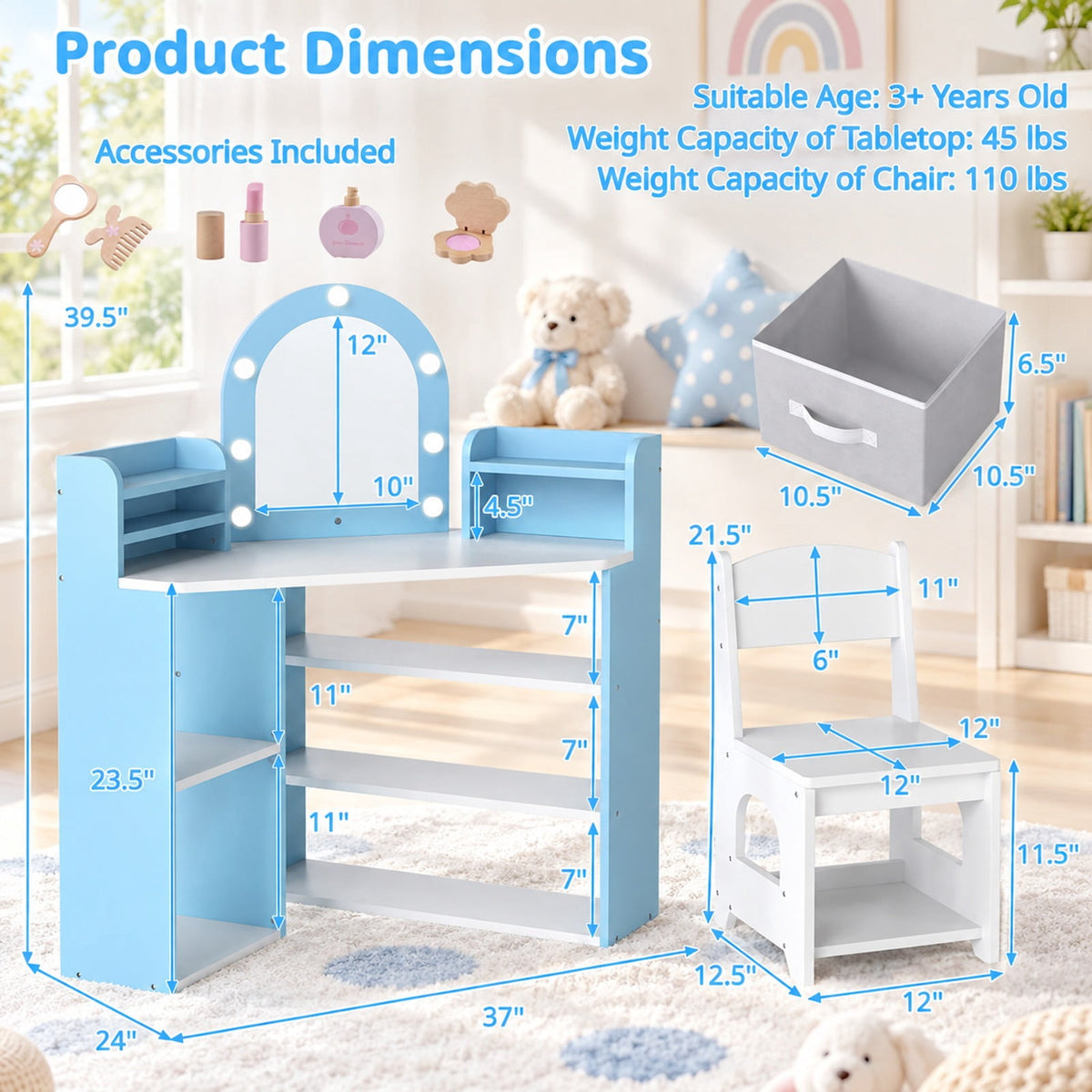 Airfind 2-In-1 Kids Vanity Set with Lights for Toddlers 3+ Years Old, 45 lbs Capacity, MDF Non-woven Fabric Frame, 37 x 24 x 39.5 Footprint