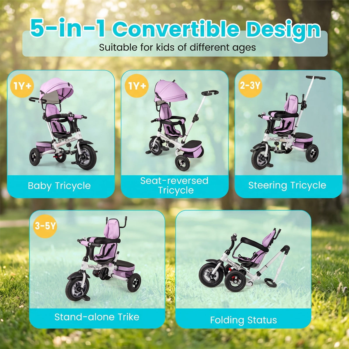 Airfind Folding Tricycle Baby Stroller with Reversible Seat and Adjustable Canopy, 55 lbs Capacity, Metal PP Linen Fabric Rubber Frame, Pink