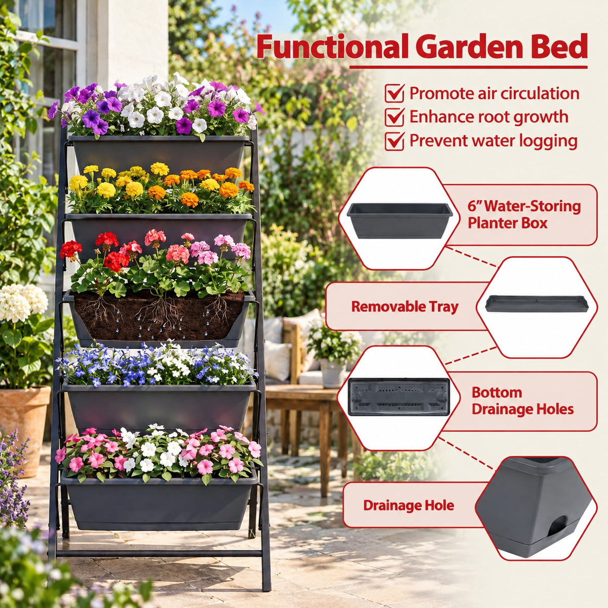 Airfind 5-Tier Vertical Raised Garden Bed with Drainage System and Removable Trays for Vegetables, 11 lbs Capacity, PP Metal Frame, Black