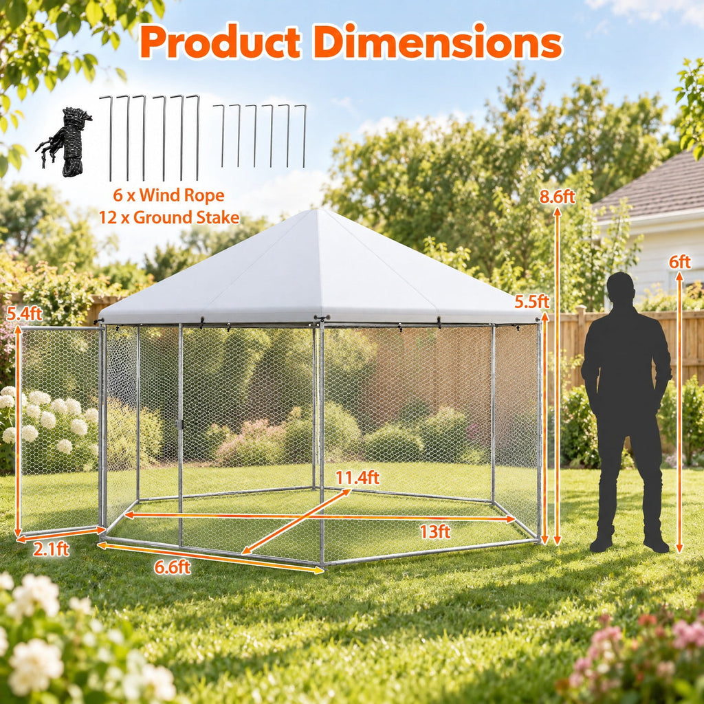 Airfind 13FT Large Metal Hexagonal Chicken Coop with Wire Mesh and Lockable Door, Galvanized Steel 210D Oxford Fabric Frame, Silver