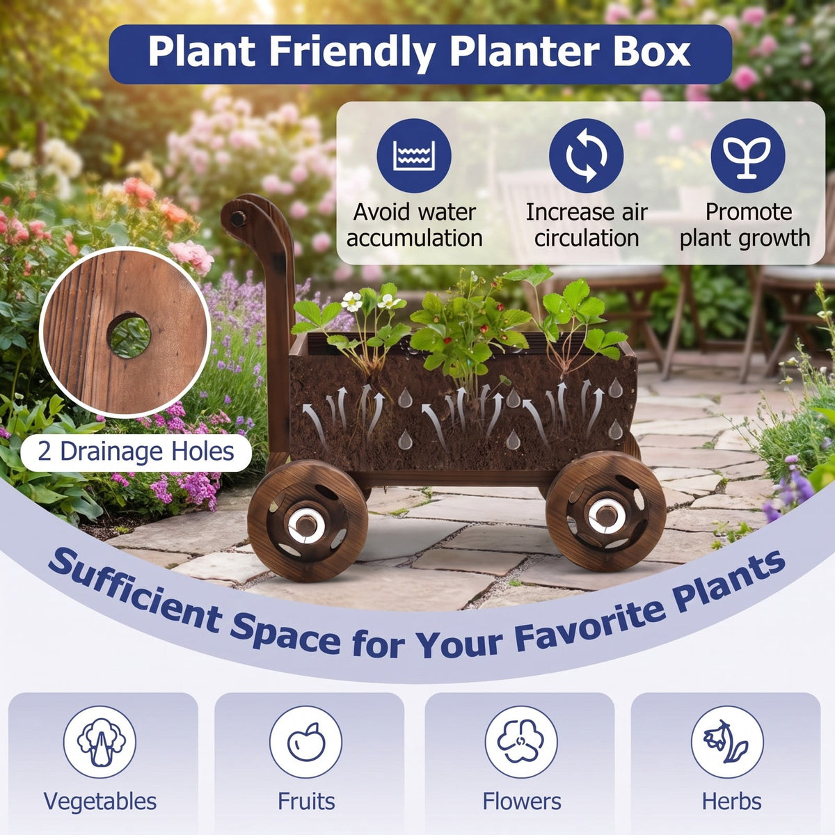 Airfind Decorative Wooden Wagon Cart with Handle Wheels and Drainage Hole, 44 lbs Capacity, Fir Wood Frame, 27 x 15 x 21 Footprint, Brown