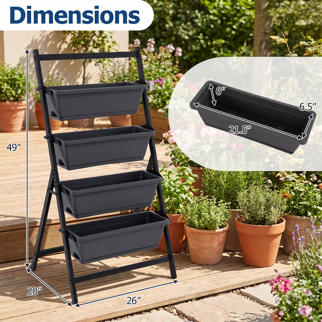 Airfind 4-Tier Vertical Raised Garden Bed with 4 Containers and Drainage Holes, Plastic Metal Frame, 26 x 20 x 49 Footprint, Black