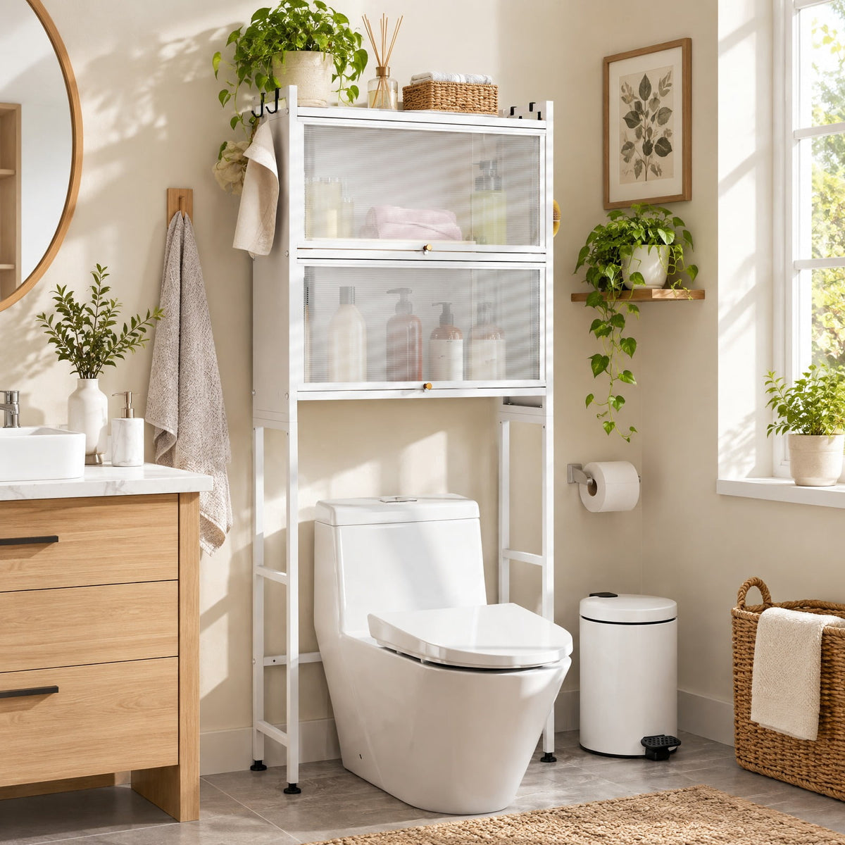 Airfind Over-the-toilet Cabinet Bathroom Organizer with 2 Flip-up Cabinets, 33 Lbs Capacity, Carbon Steel PC Plastic, White