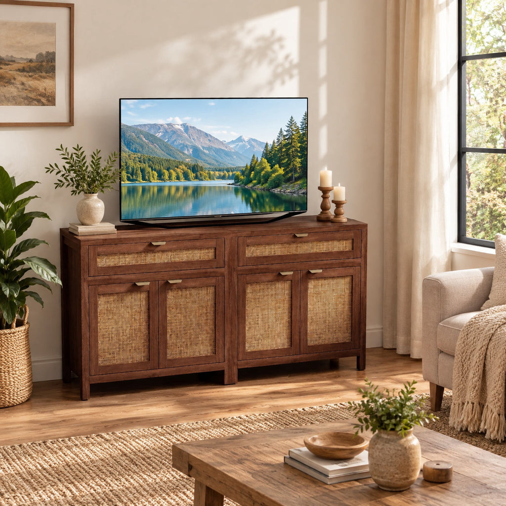 Airfind Sideboard Storage Cabinet with Rattan Doors and Drawer, 155 lbs Capacity, Engineered Wood MDF Rattan Metal Frame, Brown