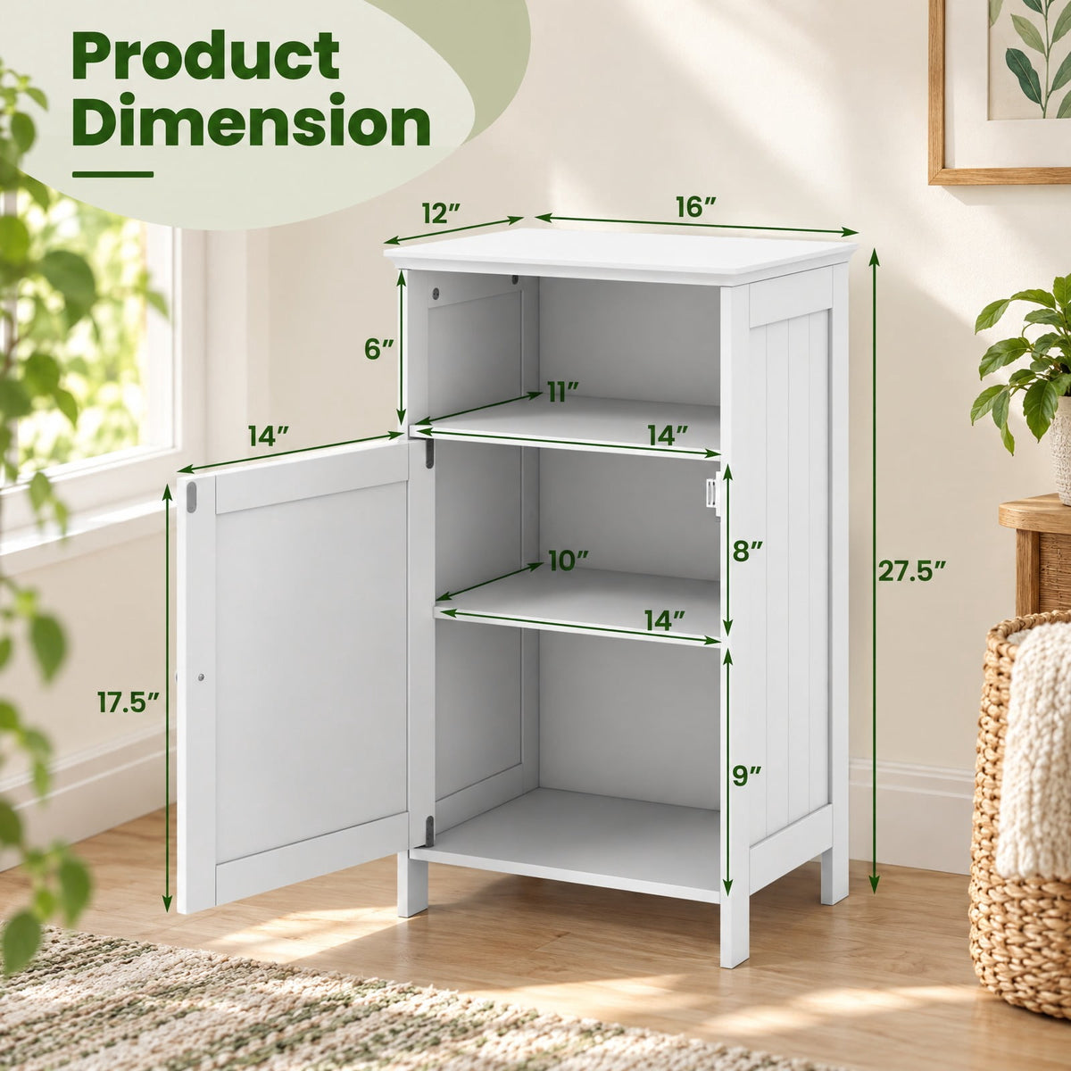 Airfind Bathroom Freestanding Adjustable Shelf Floor Storage Cabinet, MDF Frame, 16 Inch x 12 Inch x 27.5 Inch Footprint, White