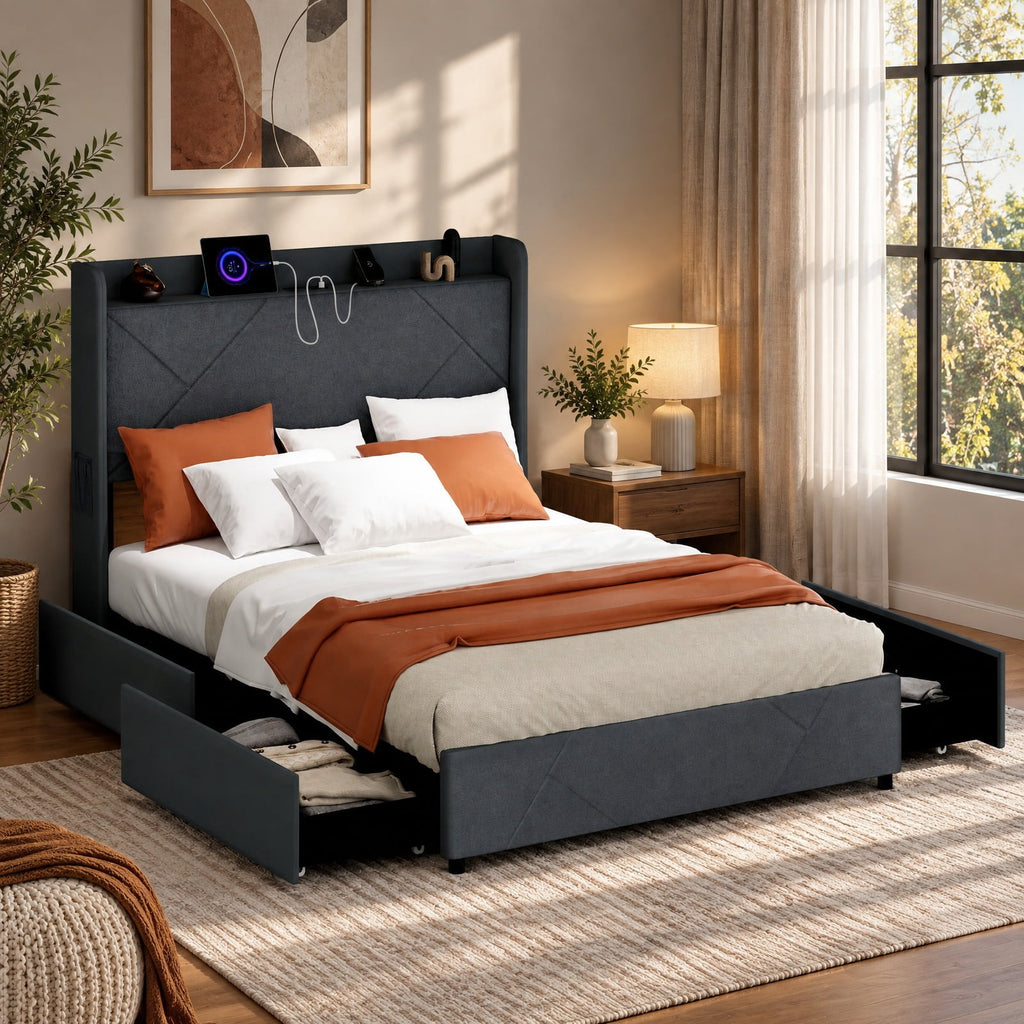 Airfind Full/Queen Size Bed Frame with LED Lights and Charging Station, 1100 lbs Capacity, 82.5 x 57 x 48 Bed Platform 75 x 54.5 Footprint