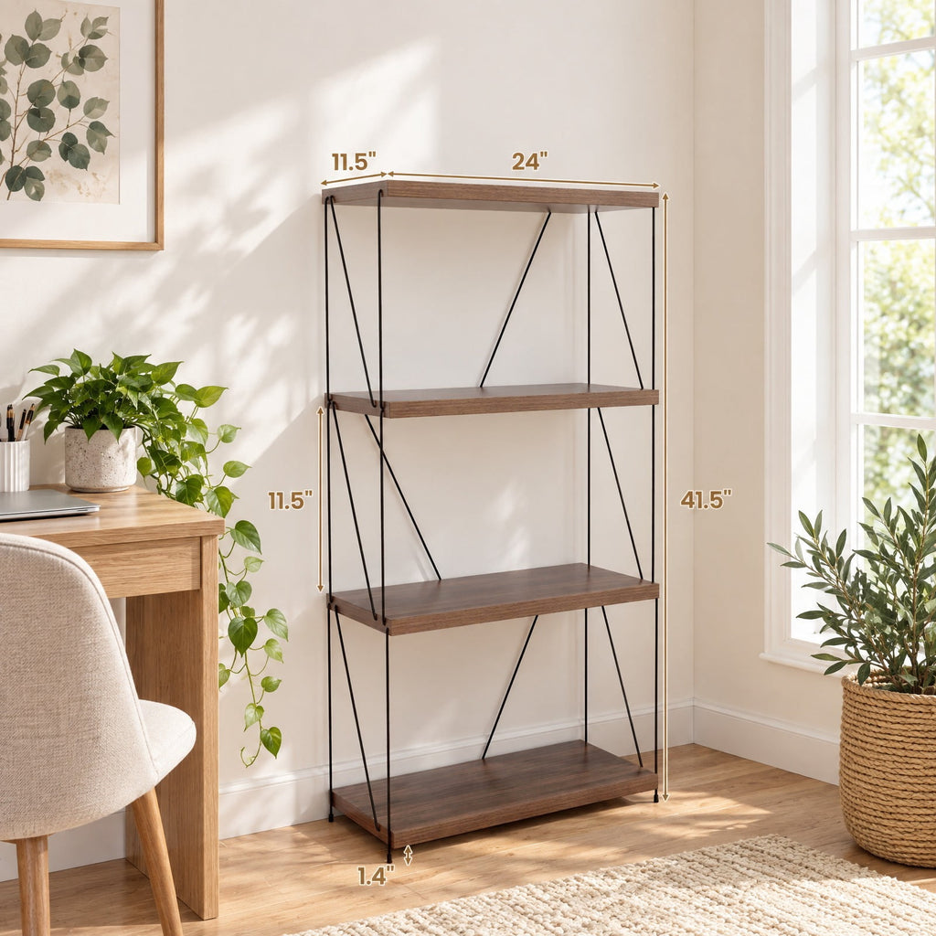 Airfind 4-Tier Multipurpose Display Rack with Metal Frame, Industrial Bookshelf with Anti-Tipping Kit, MDF Shelves, 24 x 11.5 x 41.5, Walnut