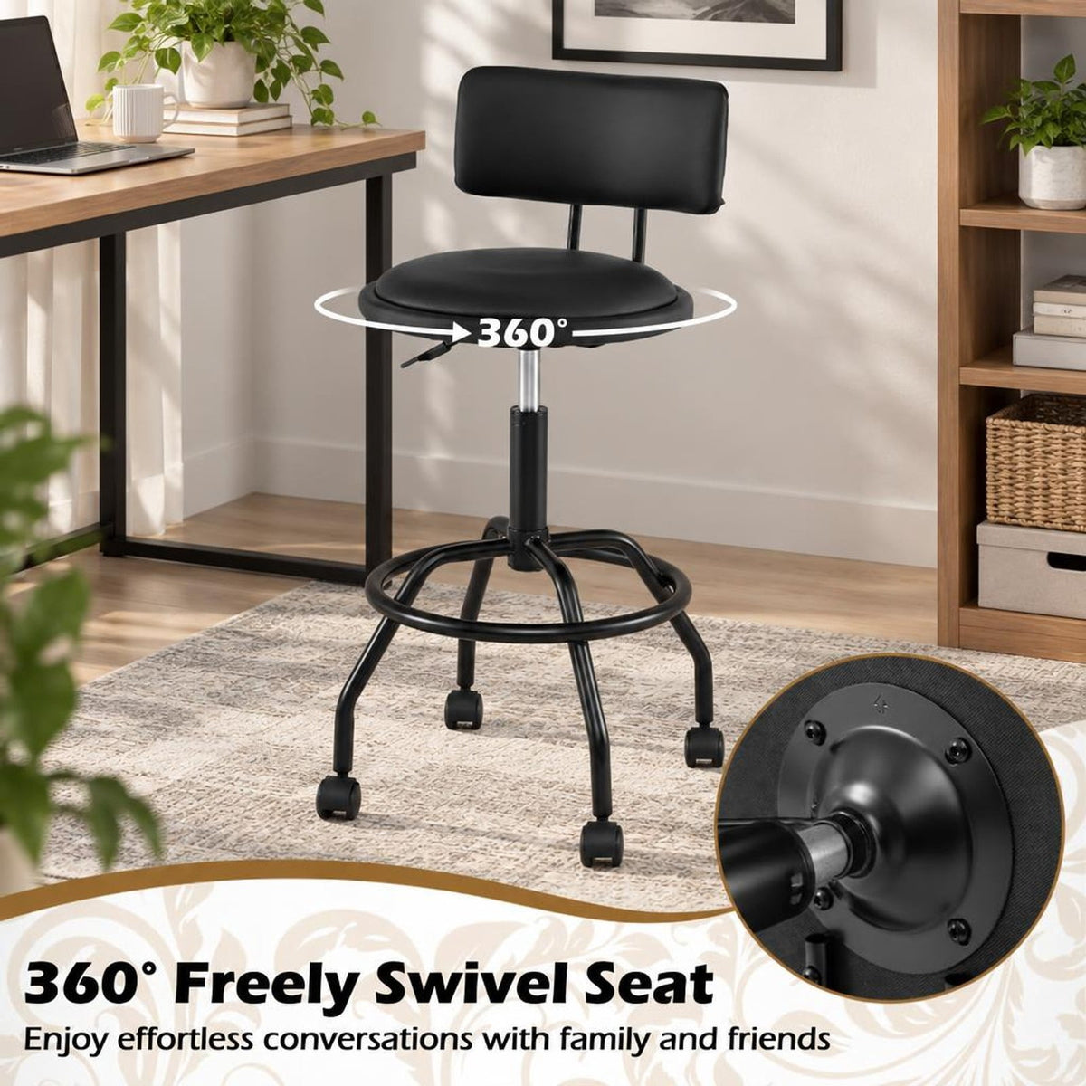 Airfind Modern Swivel Height Adjustable Bar Stool with Backrest, Bar Chair 330 lbs Capacity, Metal PU Leather Sponge Plywood Frame, Black