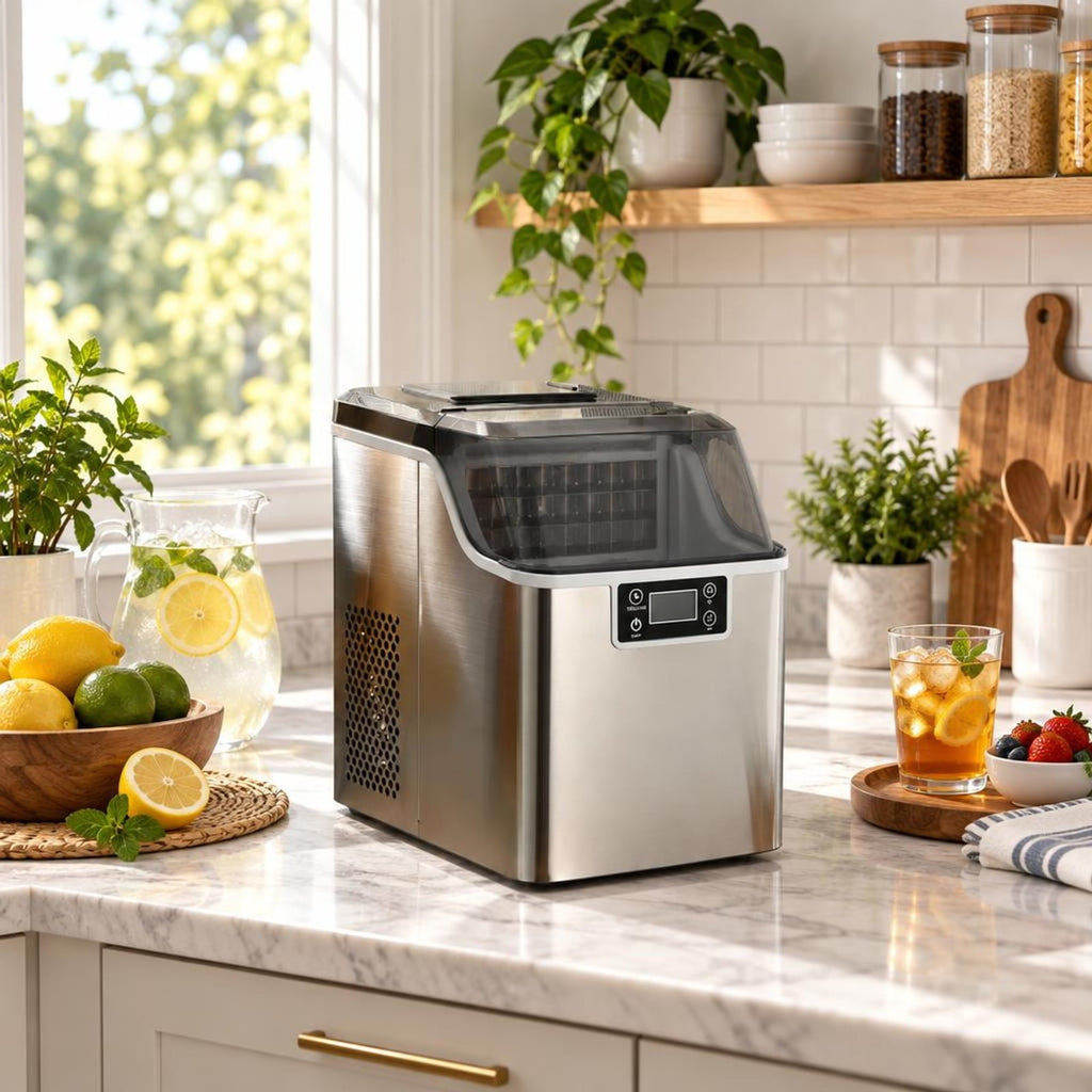 Airfind Electric Countertop Ice Maker with Ice Scoop and Basket, Stainless steel PP Frame, 10 x 14 x 15 Footprint, Silver