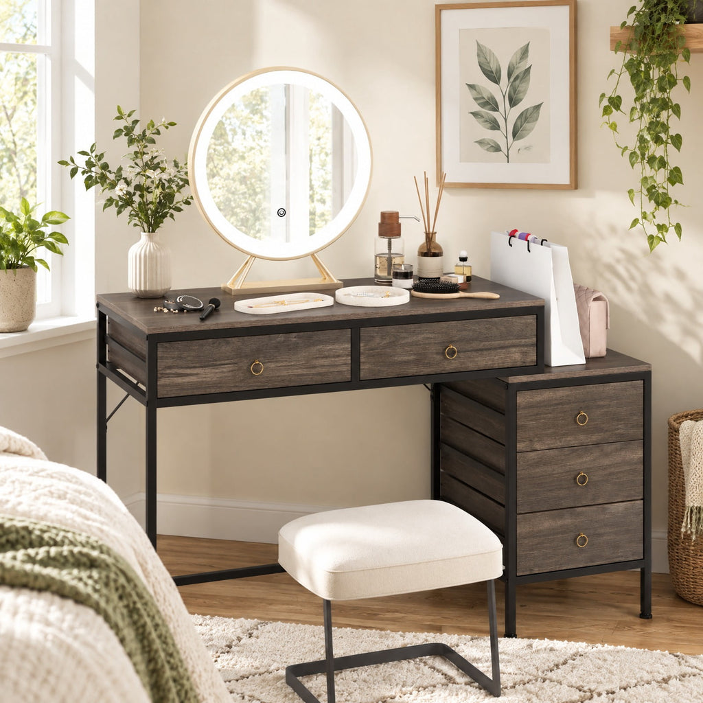 Airfind Computer Desk with 5 Drawers Home Office Desk with Side File Cabinet, 380 lbs Capacity, Engineered Wood Metal MDF Frame, Grey