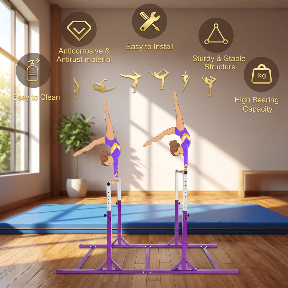 Airfind Kids Double Horizontal Gymnastics Parallel Bars with 11 Level Adjustable Height and Bamboo Grip for Home Training and Practice, Purple