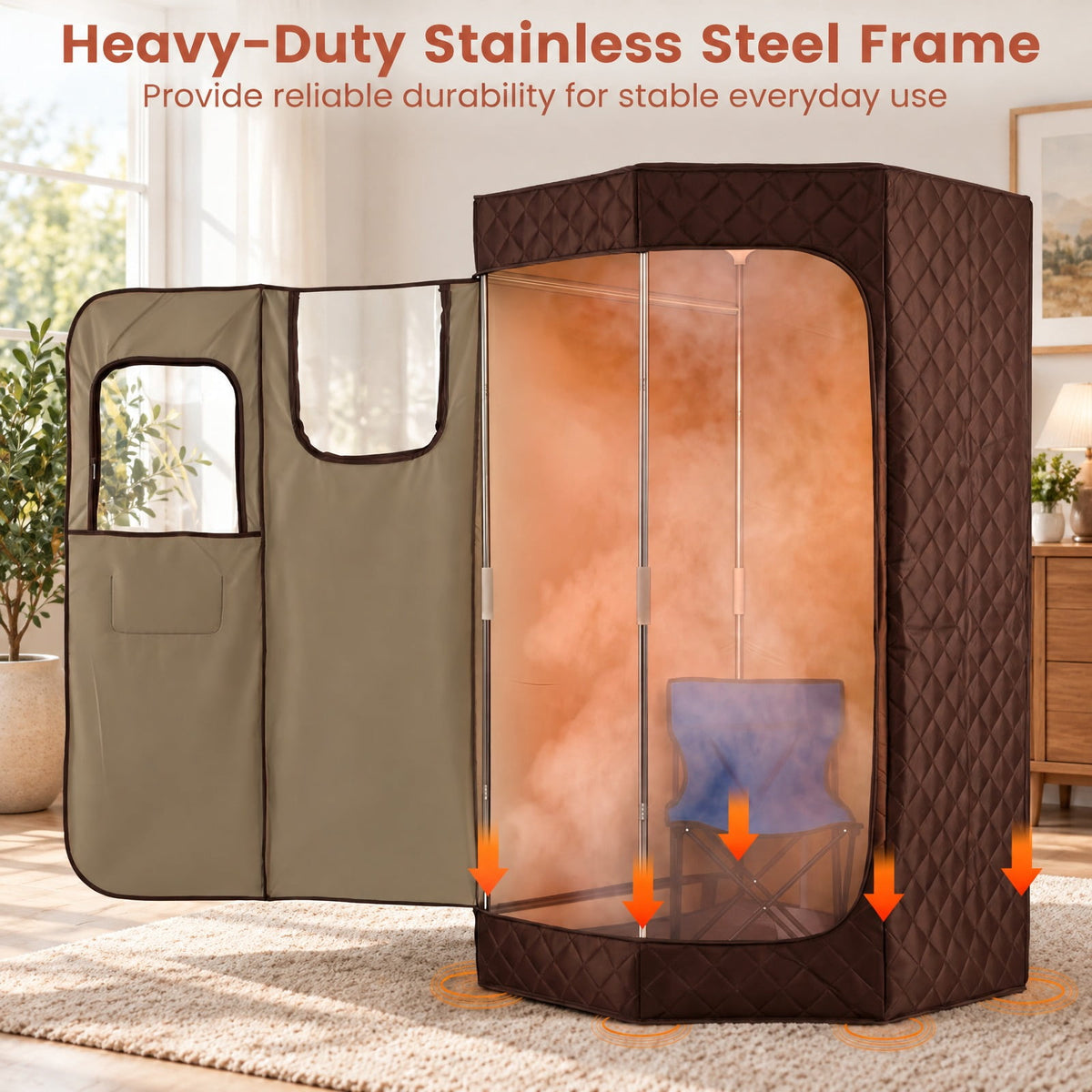 AIRFIND Portable Steam Sauna with 3 L Steamer, 9 Heat Levels, 15-99 Minute Timer, Remote Control, Folding Chair and Floor Mat, Brown