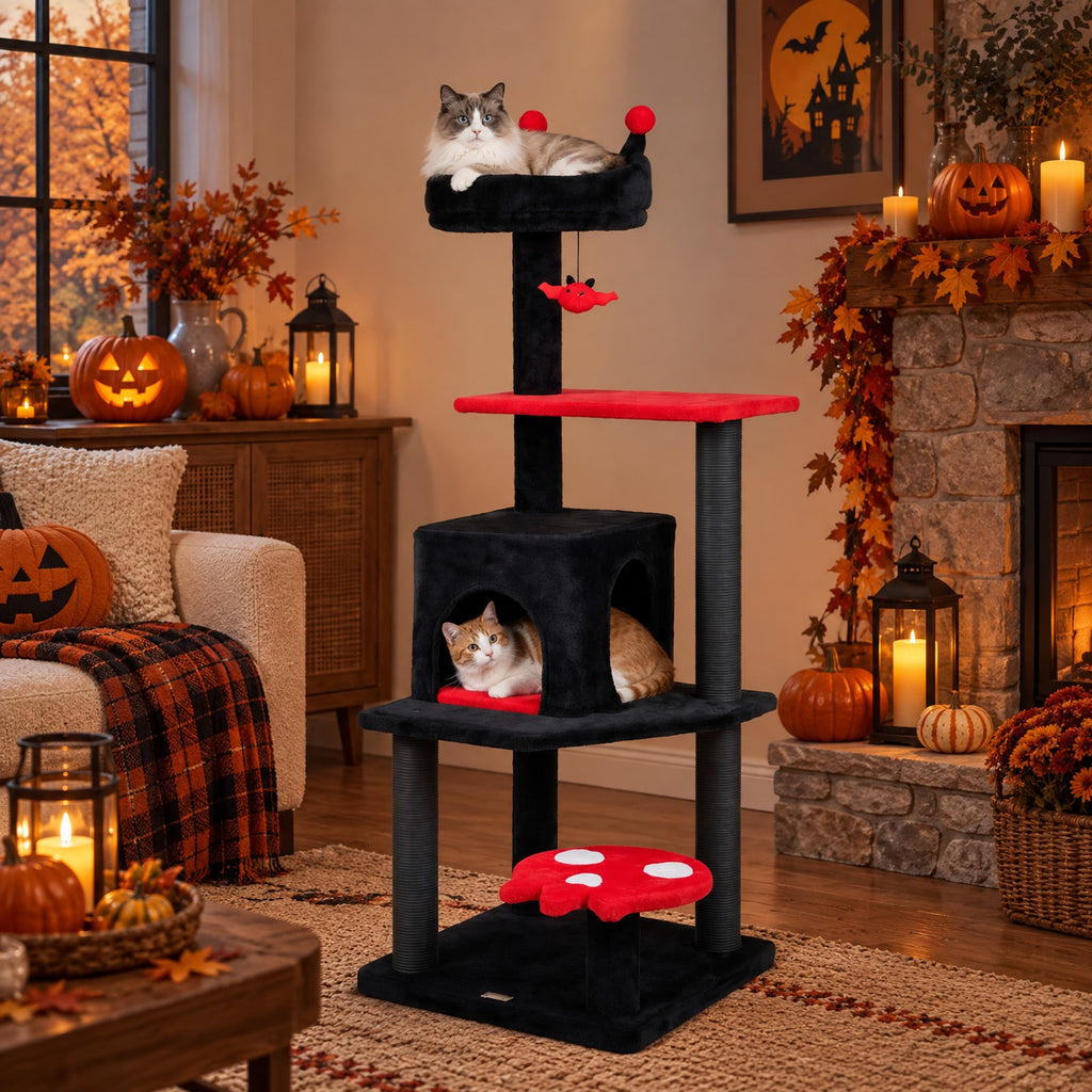 Airfind 57 Inch Spooky Cat Tower with Padded Perch and Spider-shaped Hanging Toy, 22 Lbs Capacity, Ghost-shaped Platform Adds a Playful Touch, Red