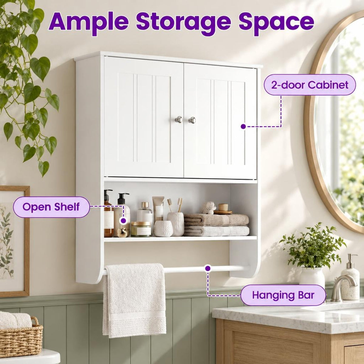 Airfind Bathroom Wall Cabinet with Towel Bar and Open Shelf and Adjustable Shelf, MDF Frame, 23.5in x 8in x 27.5in Footprint, White