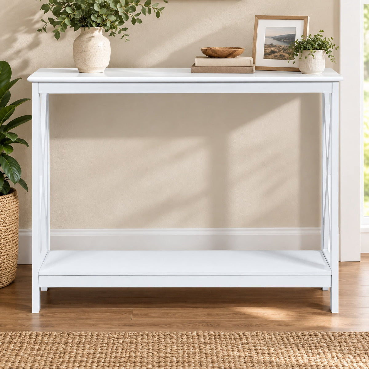 Airfind 2-Tier Console X-Design Sofa Side Accent Table, 66 lbs Capacity, P2 MDF Frame, 39.5 x 12 x 31.5 Footprint, White