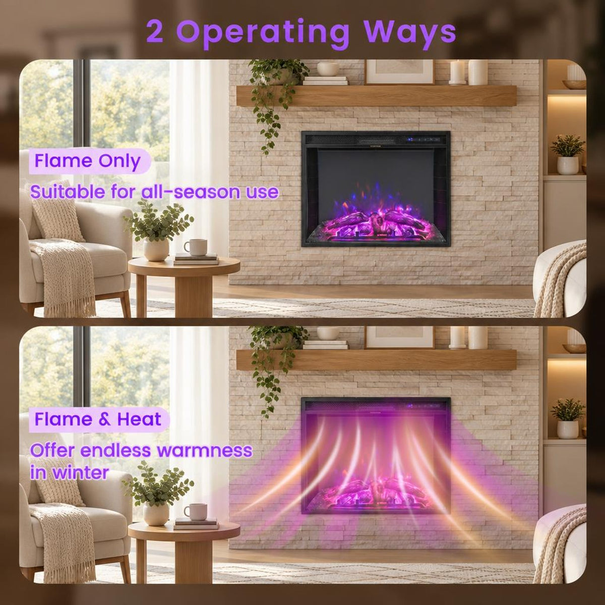 Airfind 26 Inch Recessed Electric Fireplace with Adjustable Flame Brightness, Metal Resin Tempered Glass Frame, Black