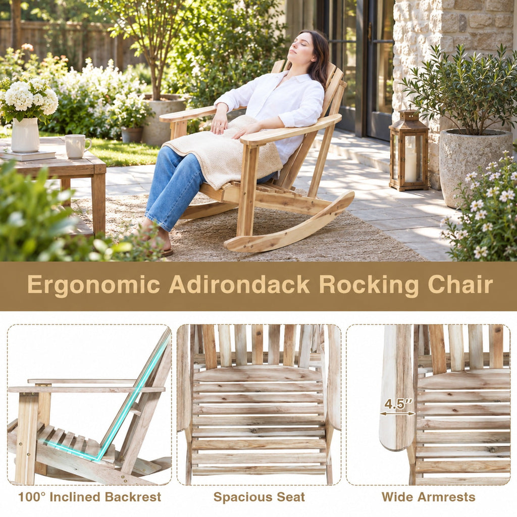 Airfind Adirondack Rocking Chair with Slatted Seat and High Fanned Back, 400 lbs Capacity, Acacia Wood Frame, 37 Inch x 29.5 Inch x 35 Inch Footprint, Natural
