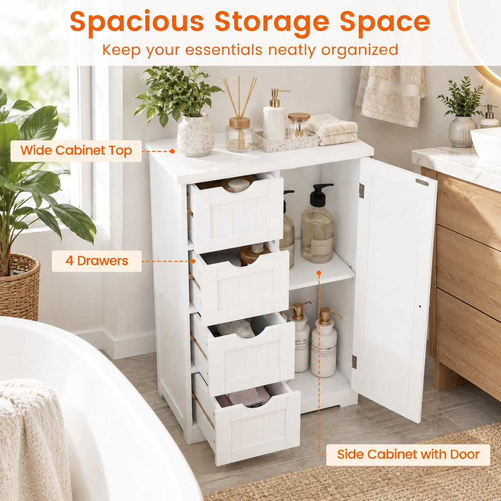 Airfind Standing Indoor Wooden Cabinet with 4 Drawers, 143 lbs Capacity, MDF Engineered Wood Frame, 21.5 Inch x 12 Inch x 32.5 Inch Footprint, White