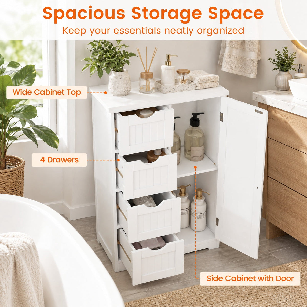 Airfind Standing Indoor Wooden Cabinet with 4 Drawers, 143 lbs Capacity, MDF Engineered Wood Frame, 21.5 Inch x 12 Inch x 32.5 Inch Footprint, White