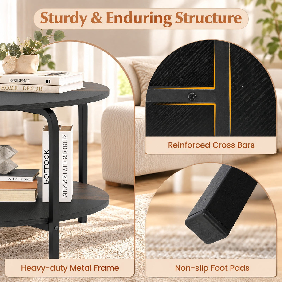 Airfind 2-Tier Round Coffee Table Metal Frame with Storage Shelf, 220 lbs Capacity, Engineered Wood Metal Frame, Coffee