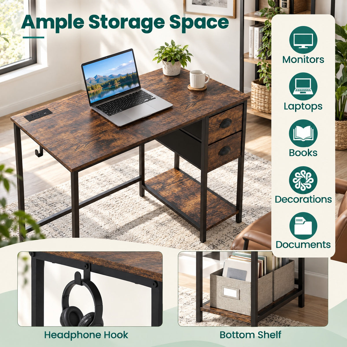 Airfind Computer Desk with Charging Station and 2 Fabric Drawers for Small Spaces, 110 lbs Capacity, Engineered Wood MDF Metal Fabric Frame, Brown
