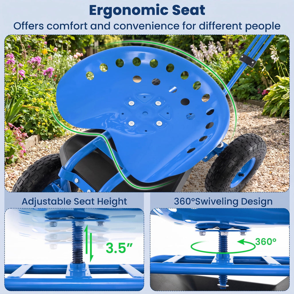 Airfind Heavy Duty Garden Cart with Tool Tray and 360 Swivel Seat, 330 lbs Capacity, Steel Rubber Plastic Frame, 38 x 17 x Footprint, Blue