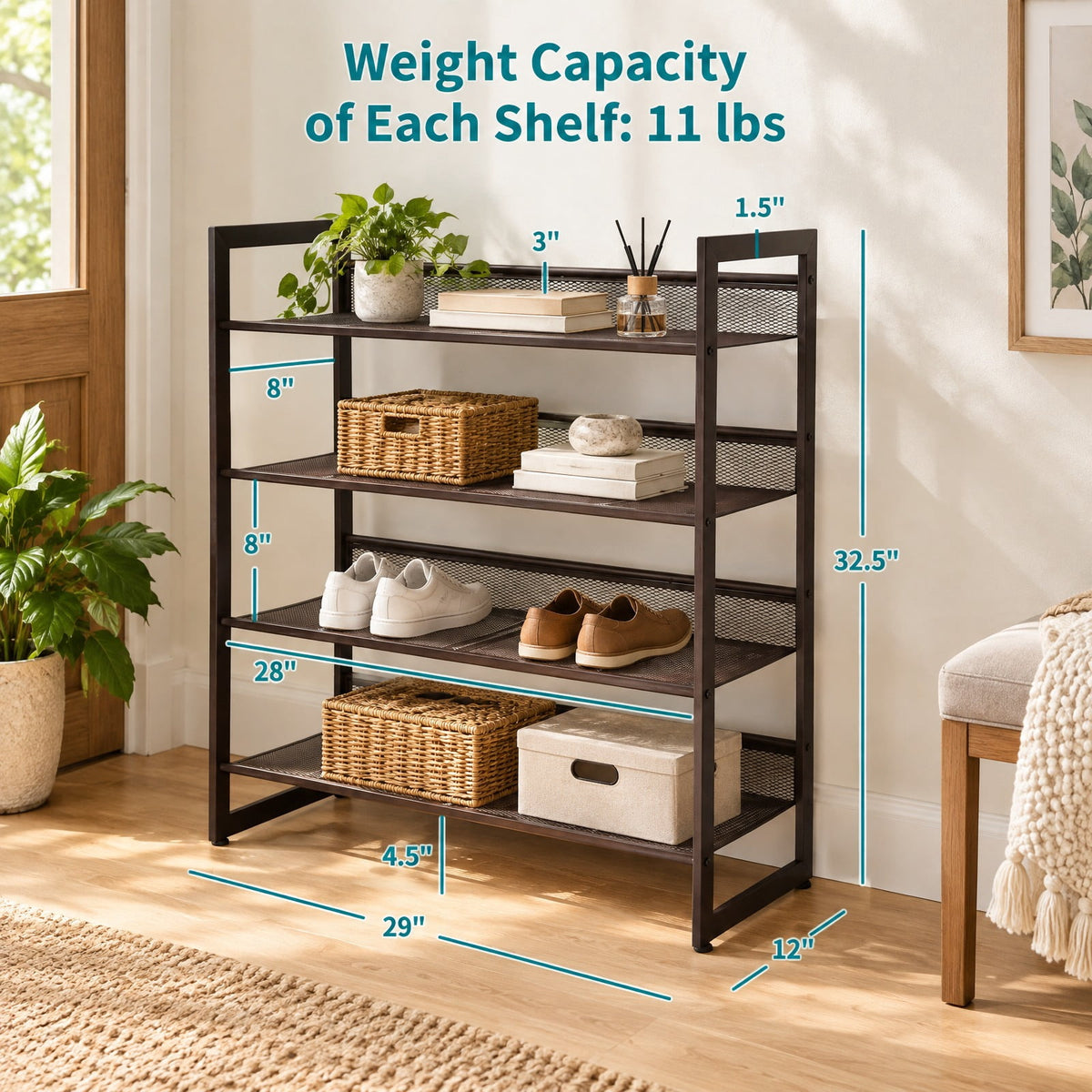 Airfind 4-Tier Flat and Slant Metal Shoe Rack for Entryway and Hallway, Steel Frame with Adjustable Mesh Shelves, 29 x 12 x 32.5, Brown