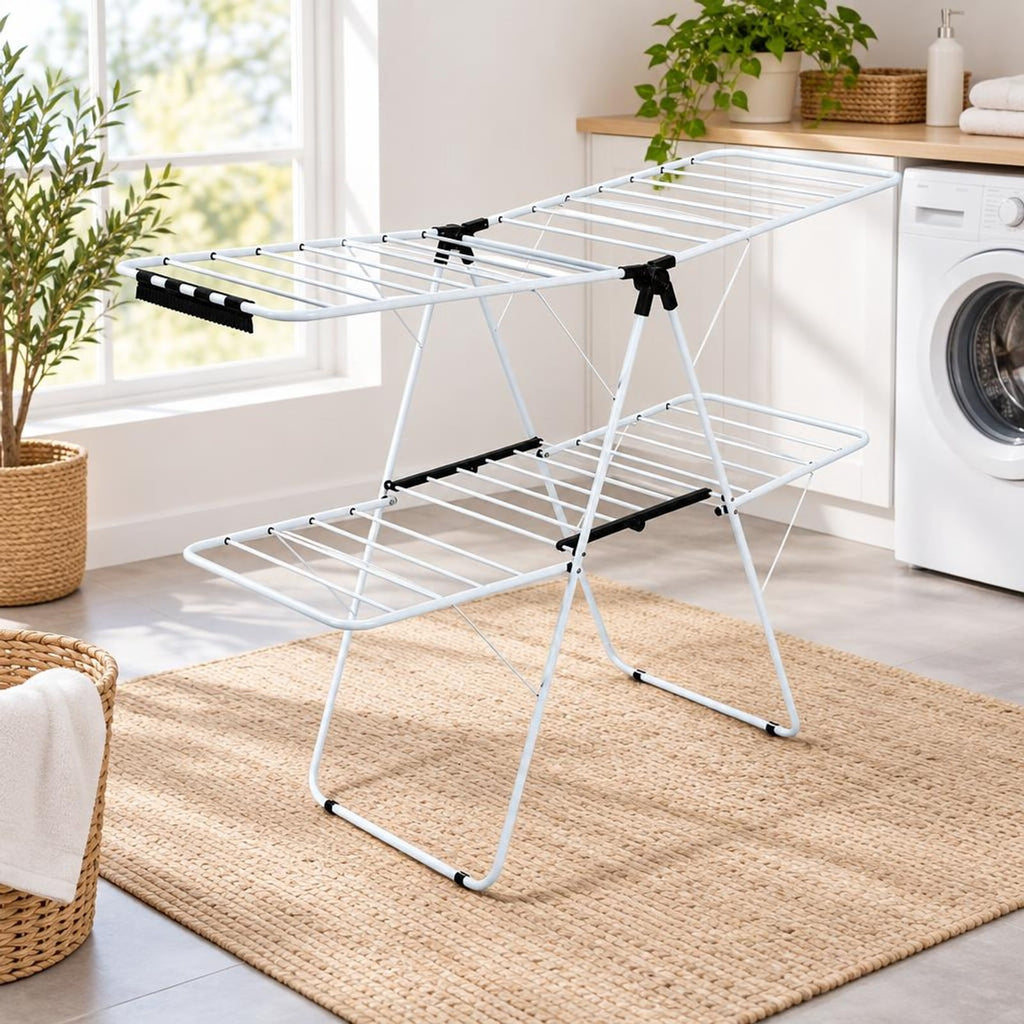 Airfind 2-Tier Foldable Clothes Drying Rack with Adjustable Gullwing, 80 lbs Capacity, Steel Plastic Frame for Everyday Use, White