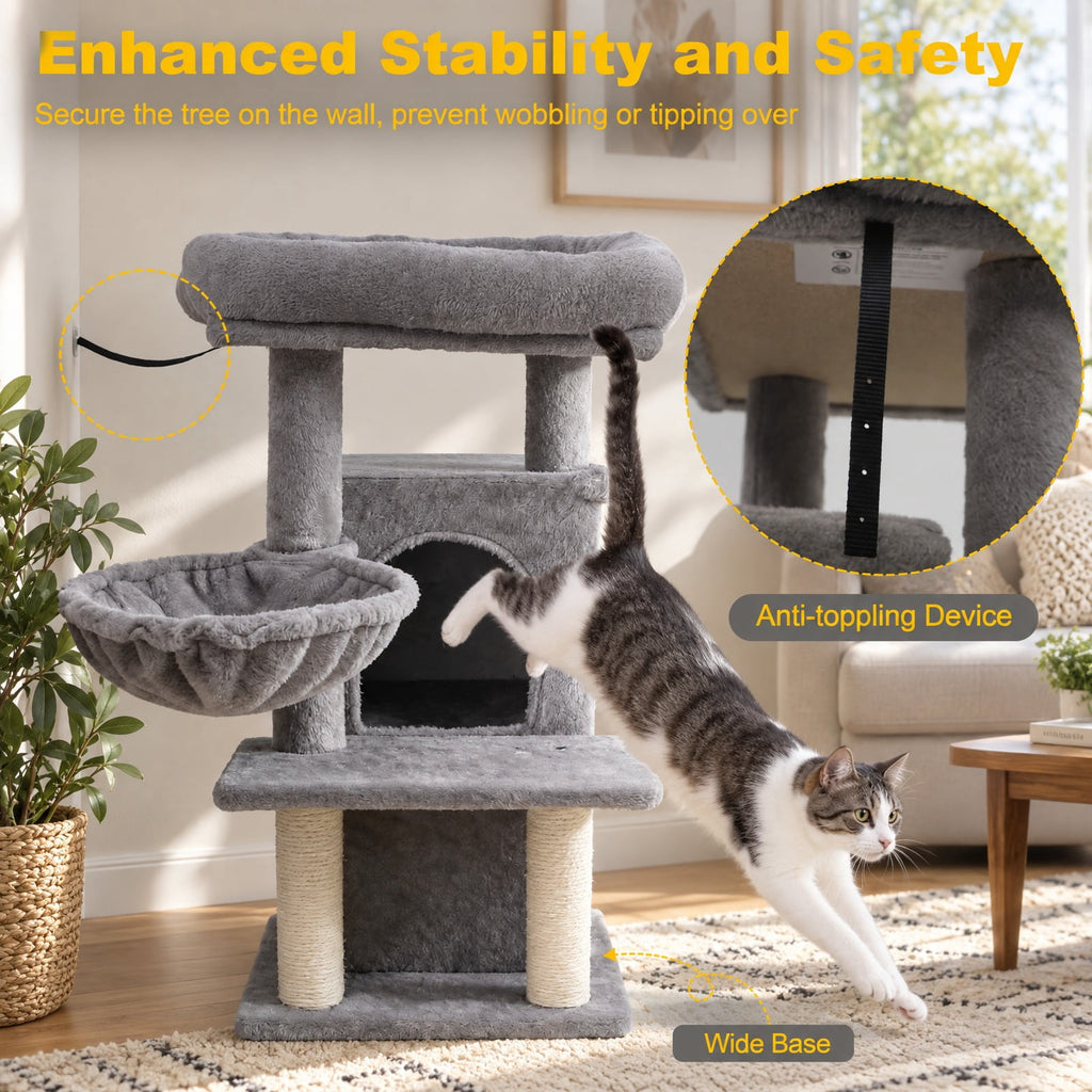 Airfind 33.5 Inch Cute Kitten Tower with 2-Tier Condo and Padded Top Perch, 22 lbs Capacity, Engineered Board Sisal Plush Fabric PP Polyester Frame